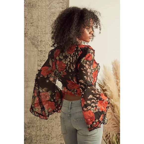 Urban Outfitters Floral Print Sheer Chiffon Bell Sleeve Top Fairy Whimsygoth XS - Picture 1 of 9